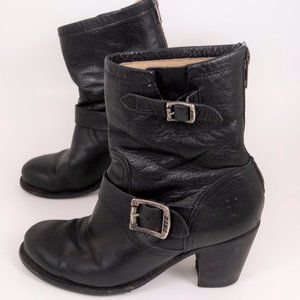 Frye Black Leather Moto Boots with Buckles